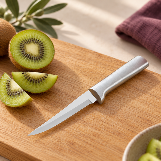 Rada Super Parer with silver handle on a warm wood kitchen surface.