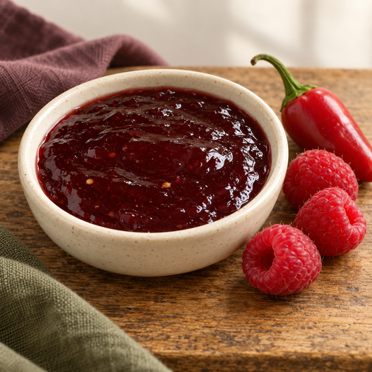 Seedless Red Raspberry Jalapeno Jam in a small dish with ingredient cues; serving suggestion.
