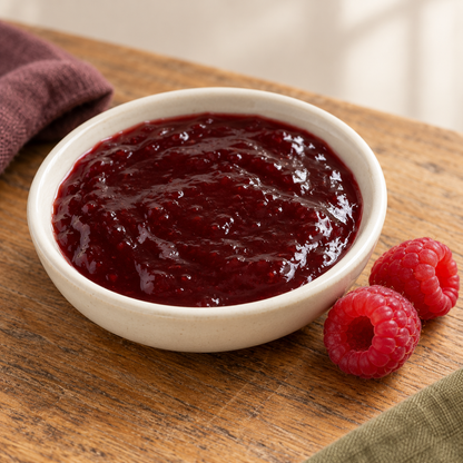 Seedless Red Raspberry Jam in a small dish with ingredient cues; serving suggestion.