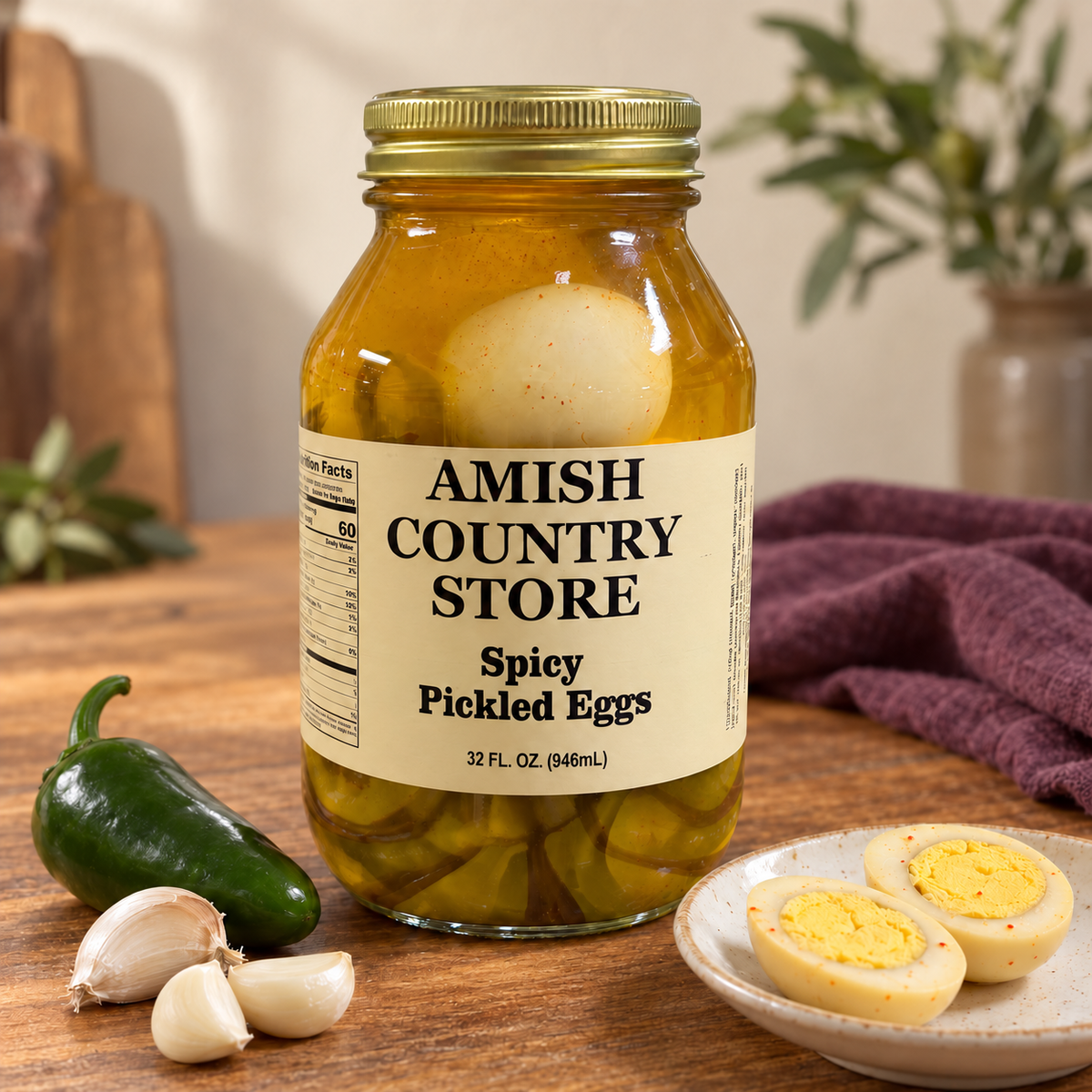Spicy Pickled Eggs with Jalapeños | 32 fl oz in its original jar with a serving suggestion.