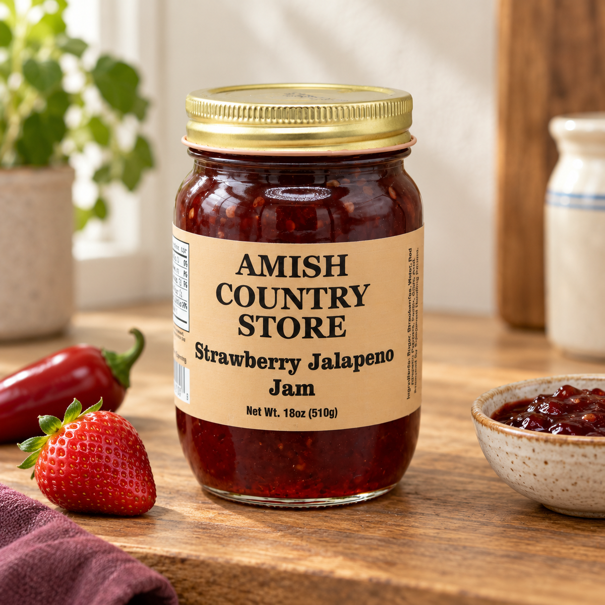 Amish Country Store Strawberry Jalapeno Jam 18oz (510g) jar with its prepared contents on warm wood.