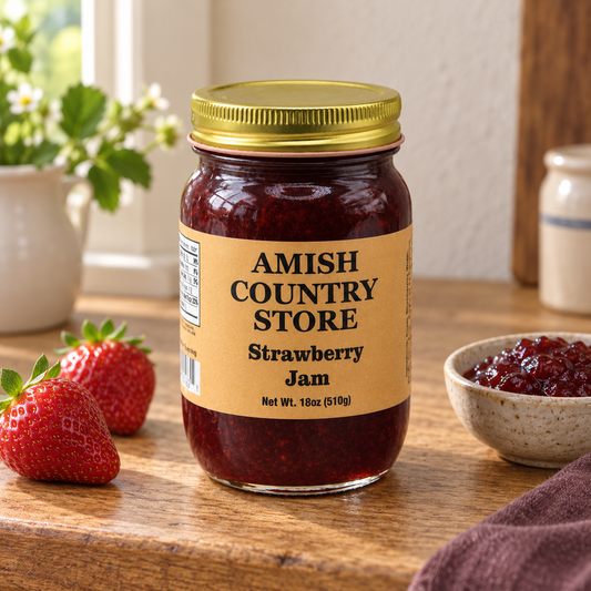Amish Country Store Strawberry Jam 18oz (510g) jar with its prepared contents on warm wood.