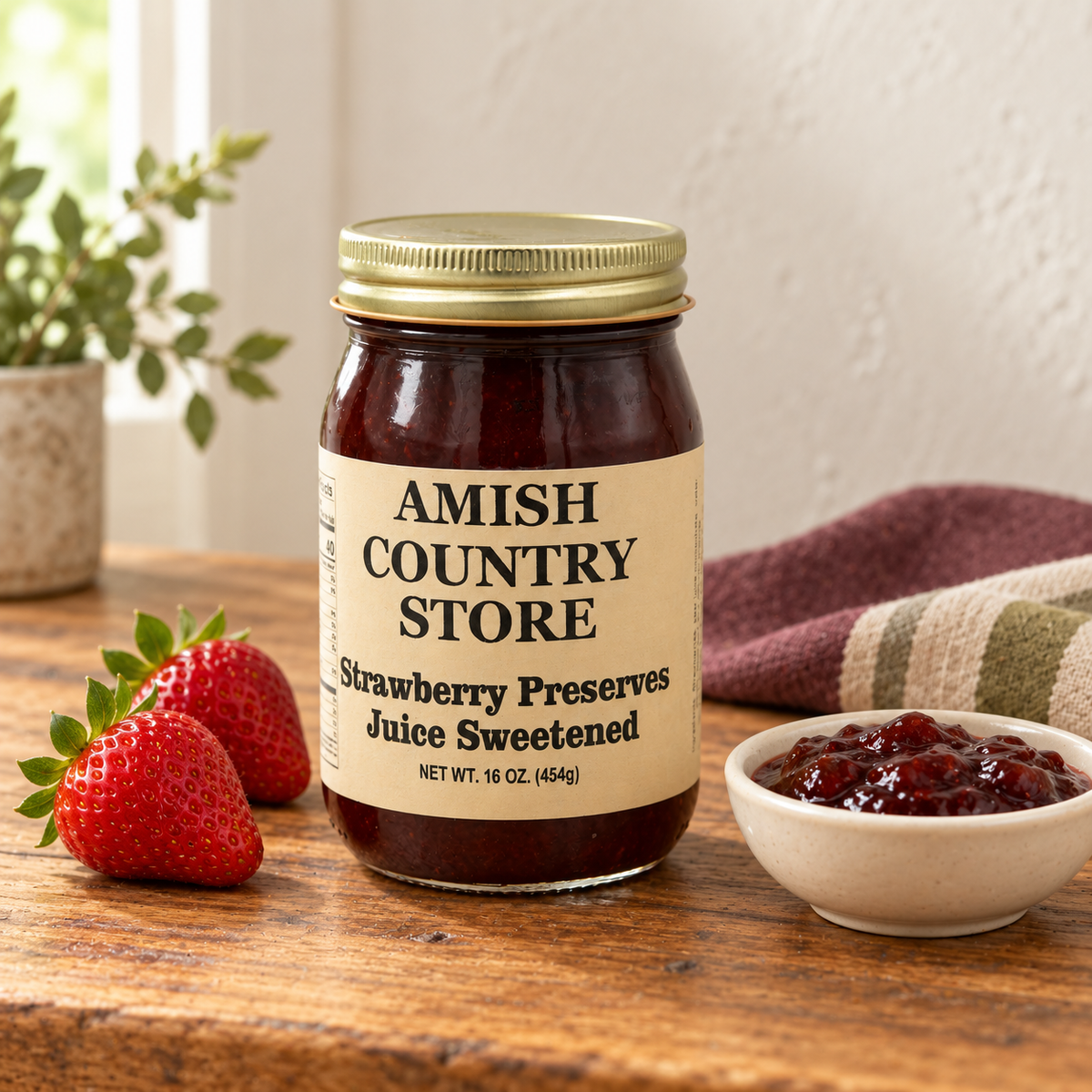Amish Country Store Strawberry Preserves Juice Sweetened 16 OZ. (454g) jar with a small serving and ingredient cues.