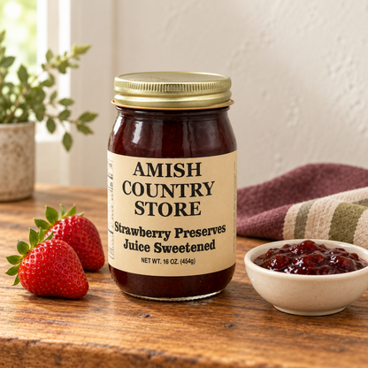 Amish Country Store Strawberry Preserves Juice Sweetened 16 OZ. (454g) jar with a small serving and ingredient cues.