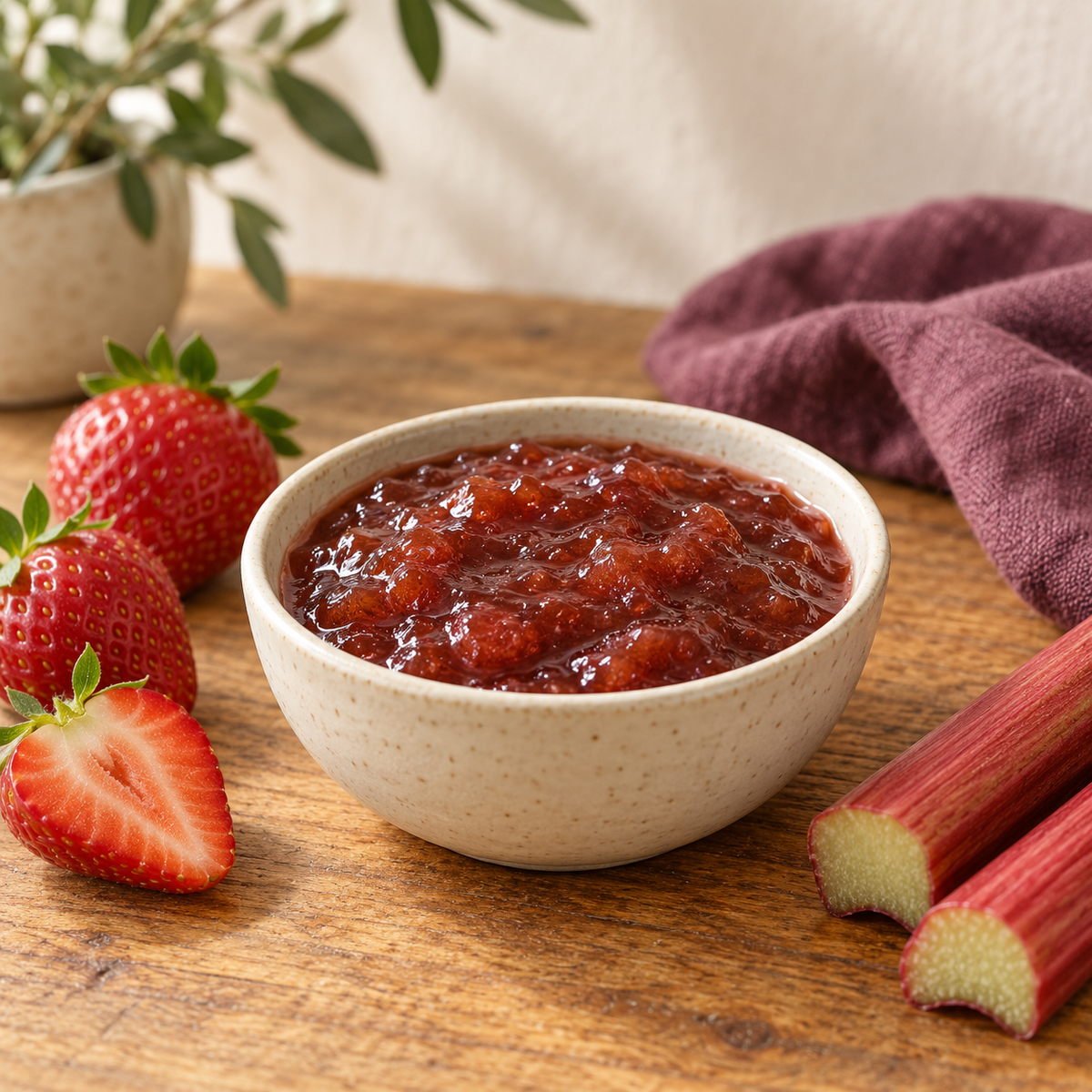 Strawberry rhubarb jam in a cream bowl with strawberries and cut rhubarb; serving suggestion.