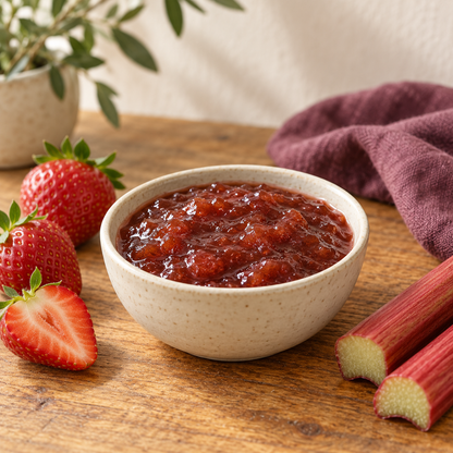 Strawberry rhubarb jam in a cream bowl with strawberries and cut rhubarb; serving suggestion.