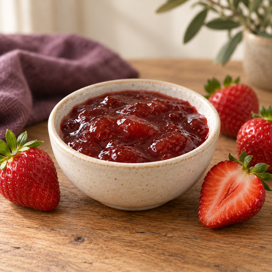 Strawberry jam in a cream bowl beside fresh strawberries; serving suggestion.