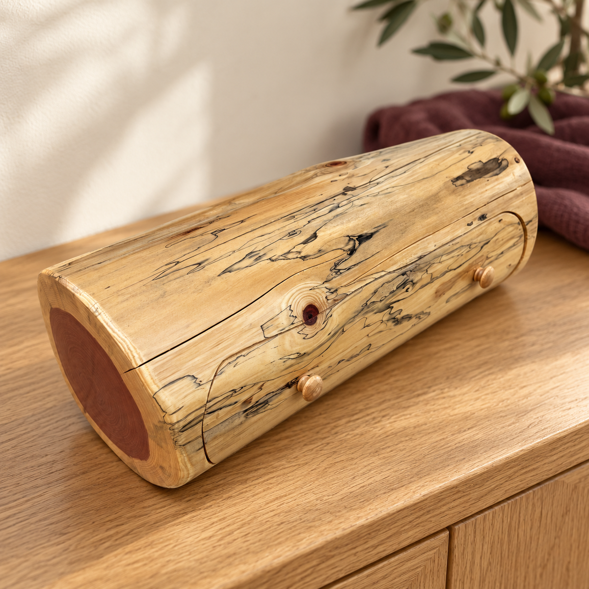 Amish-made cedar trinket log on a warm wood table, showing its natural cedar grain.
