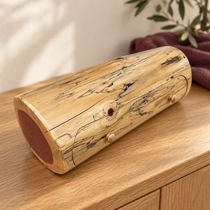Amish-made cedar trinket log on a warm wood table, showing its natural cedar grain.