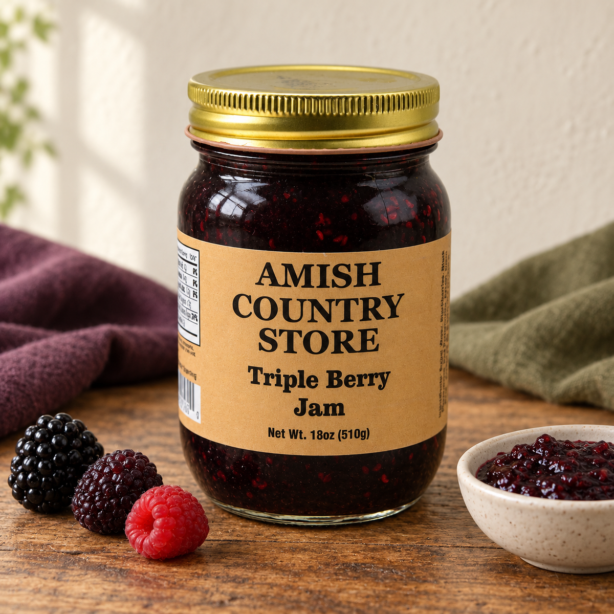 Amish Country Store Triple Berry Jam 18oz (510g) with its prepared contents.