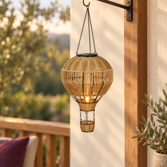Wicker hot-air-balloon solar lantern with hanging chain and small basket.