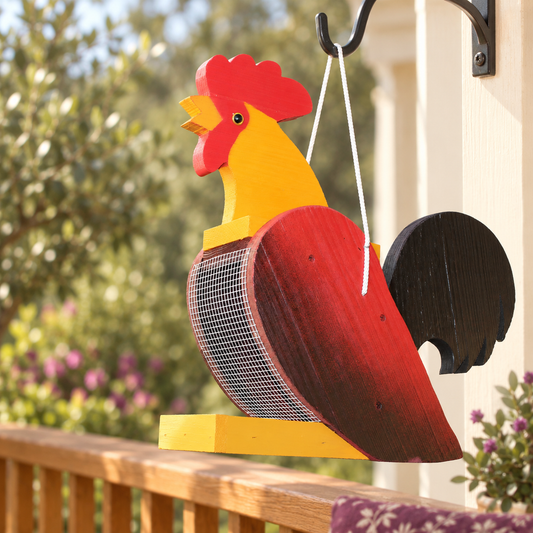 Rooster-design Amish-made wooden bird feeder with wire mesh seed holder.