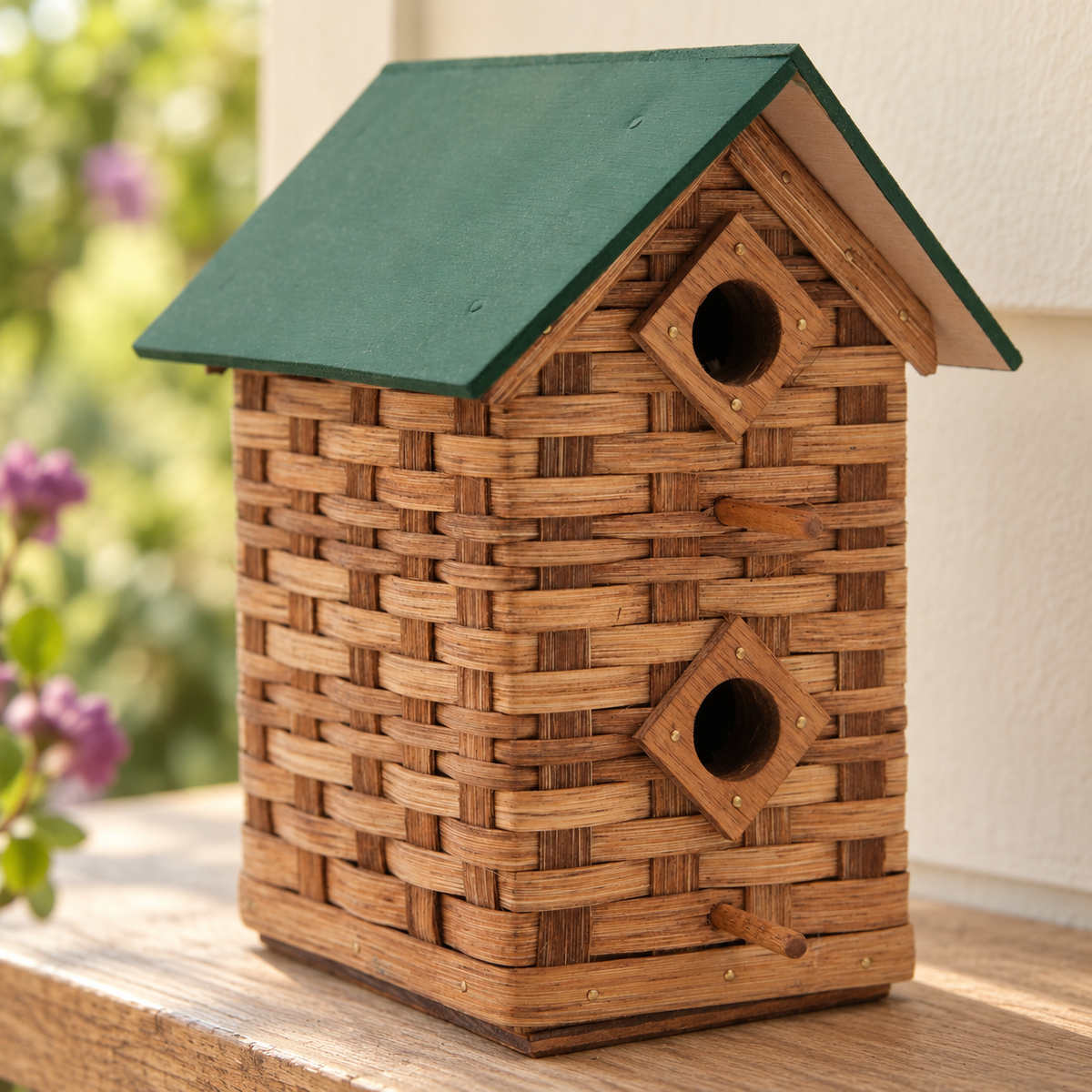 Double Amish handwoven bird house with green roof and two openings.