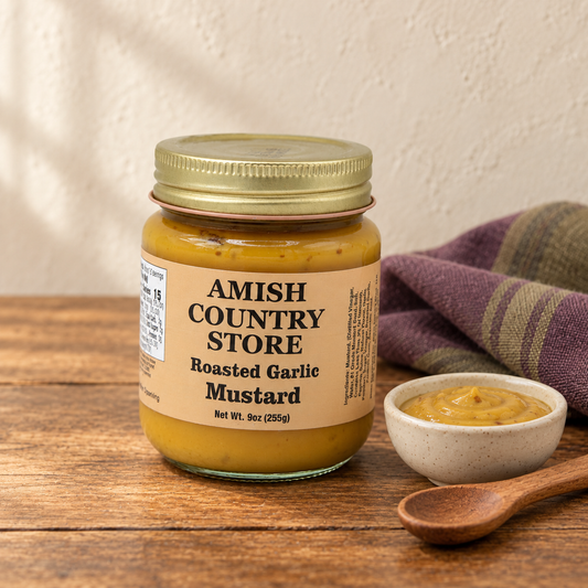 Amish Country Store Roasted Garlic Mustard, 9 oz jar beside a small serving
