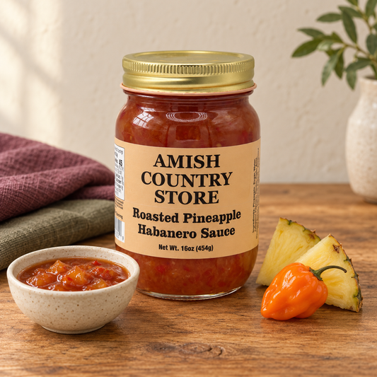 Amish Country Store Roasted Pineapple Habanero Sauce, 16 oz jar beside a serving of sauce