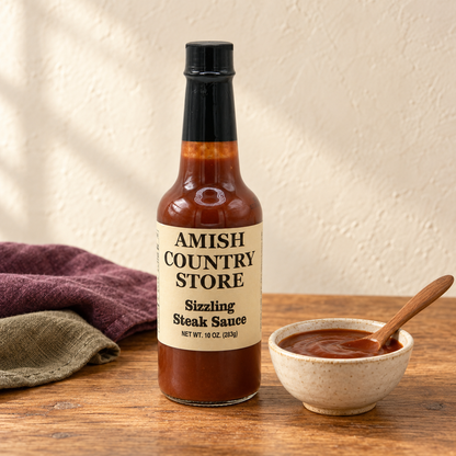 Sizzling Steak Sauce, 10 oz (283g) beside a serving of sauce