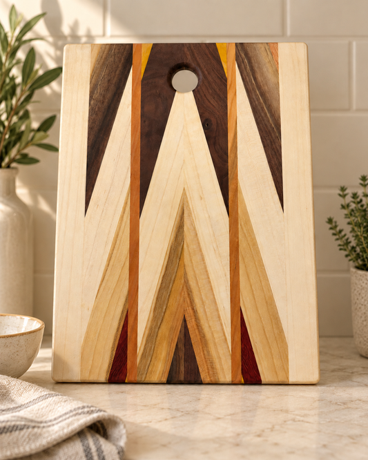 Amish-made chevron wood cutting board in a styled kitchen scene; representative board, natural colors and grain vary.