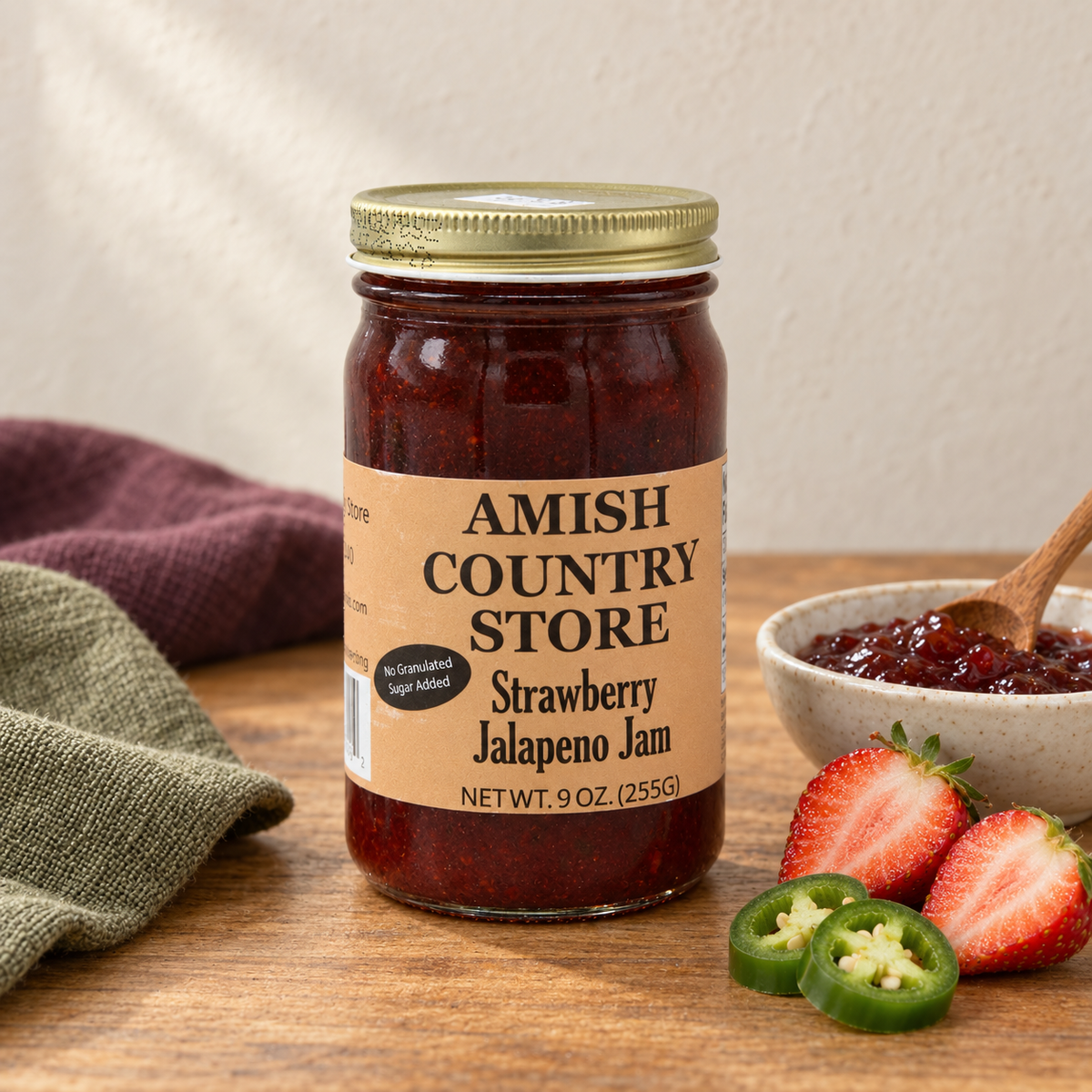 Strawberry Jalapeño Jam, 9 oz (255g) with a serving and its fruit
