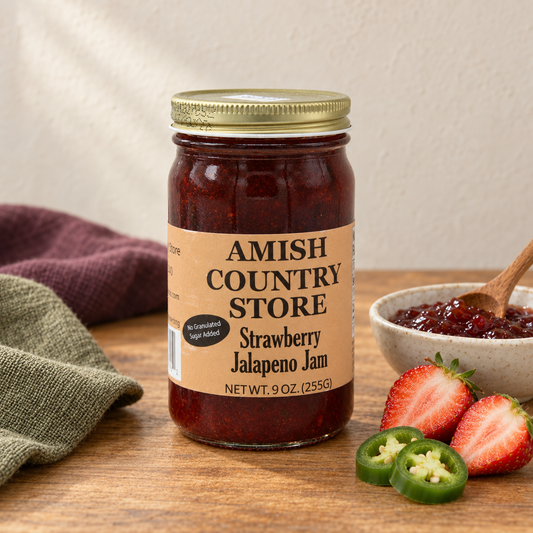 Strawberry Jalapeño Jam, 9 oz (255g) with a serving and its fruit