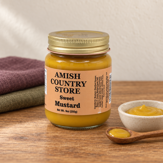Sweet Mustard, 9 oz (255g) beside a small serving on a wooden table
