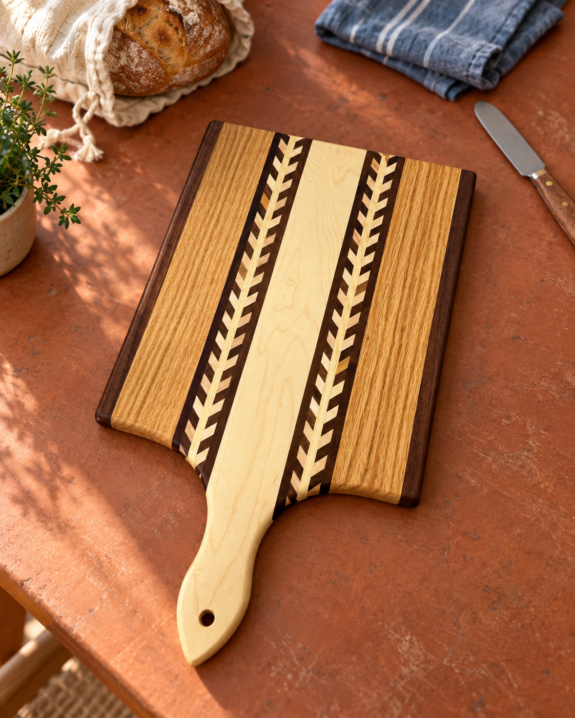 Amish-made wheat-pattern wood paddle board, fully visible on a terracotta kitchen table; one board per purchase.