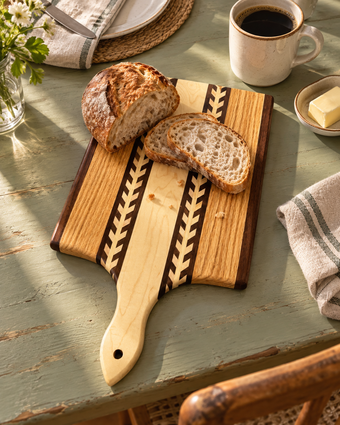 Wheat-pattern cutting and serving board with a small loaf and bread slices at a breakfast table; food and props not included.