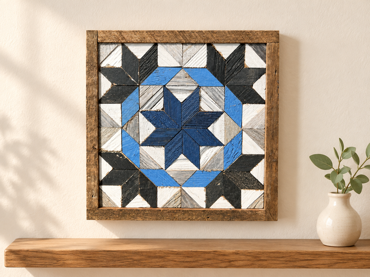 S1147 — small wooden barn quilt wall art, navy center star with light blue ring and charcoal corner stars, displayed on an indoor wall in a styled home