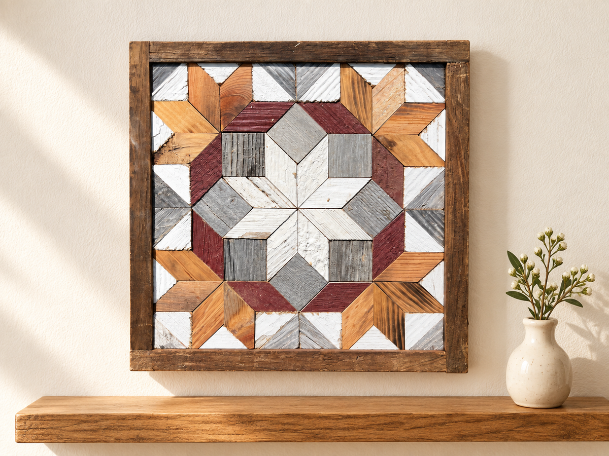 S1150 — small wooden barn quilt wall art, white center star, gray blocks, burgundy ring and natural wood corner stars, displayed on an indoor wall in a styled home
