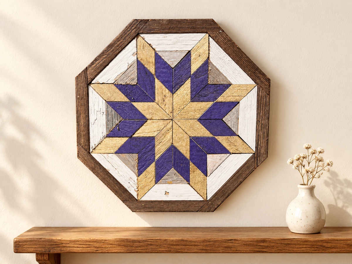 S1151 — small wooden barn quilt wall art, octagonal with gold center star, purple ring and gold tips, displayed on an indoor wall in a styled home