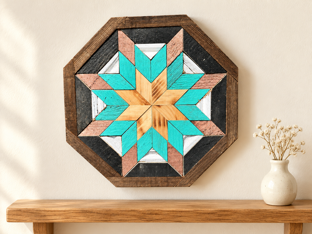 S1152 — small wooden barn quilt wall art, octagonal with natural wood center star, turquoise ring and copper rose tips, displayed on an indoor wall in a styled home