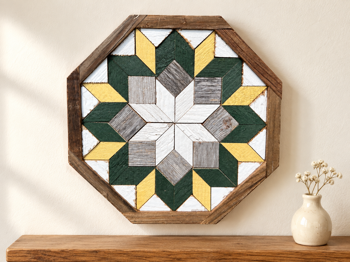 S1156 — small wooden barn quilt wall art, octagonal with white center star, gray blocks, green ring and yellow outer points, displayed on an indoor wall in a styled home