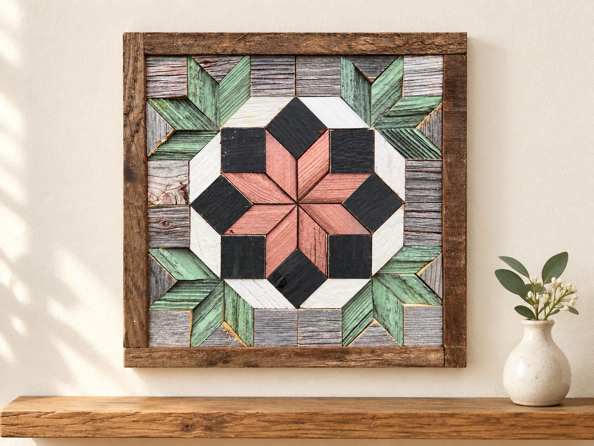 S1158 — small wooden barn quilt wall art, square with copper rose center star, black blocks, white ring and sage green corner stars, displayed on an indoor wall in a styled home