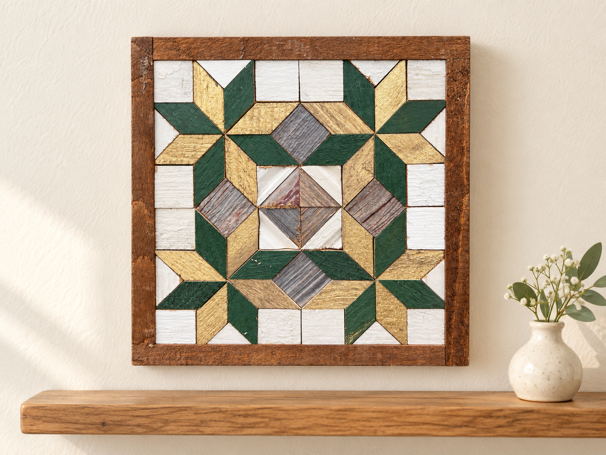 S1159 — small wooden barn quilt wall art, square with green and gold corner stars and a gray and white diamond center, displayed on an indoor wall in a styled home