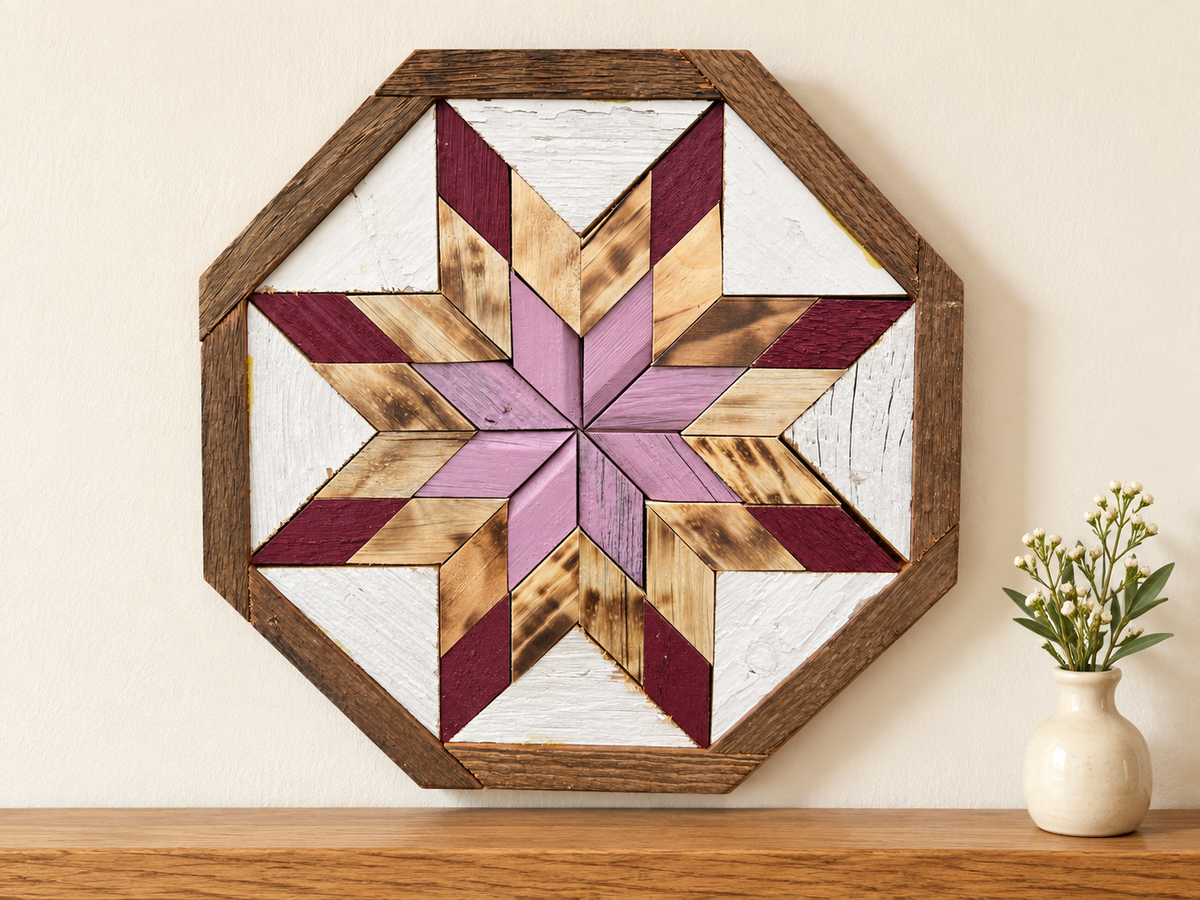 S1163 — small wooden barn quilt wall art, octagonal with lavender center star, natural wood and burgundy tips, displayed on an indoor wall in a styled home