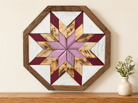 S1163 — small wooden barn quilt wall art, octagonal with lavender center star, natural wood and burgundy tips, displayed on an indoor wall in a styled home