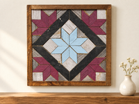 S330 — small wooden barn quilt wall art, light blue center star inside charcoal diamond with purple corner stars, displayed on an indoor wall in a styled home