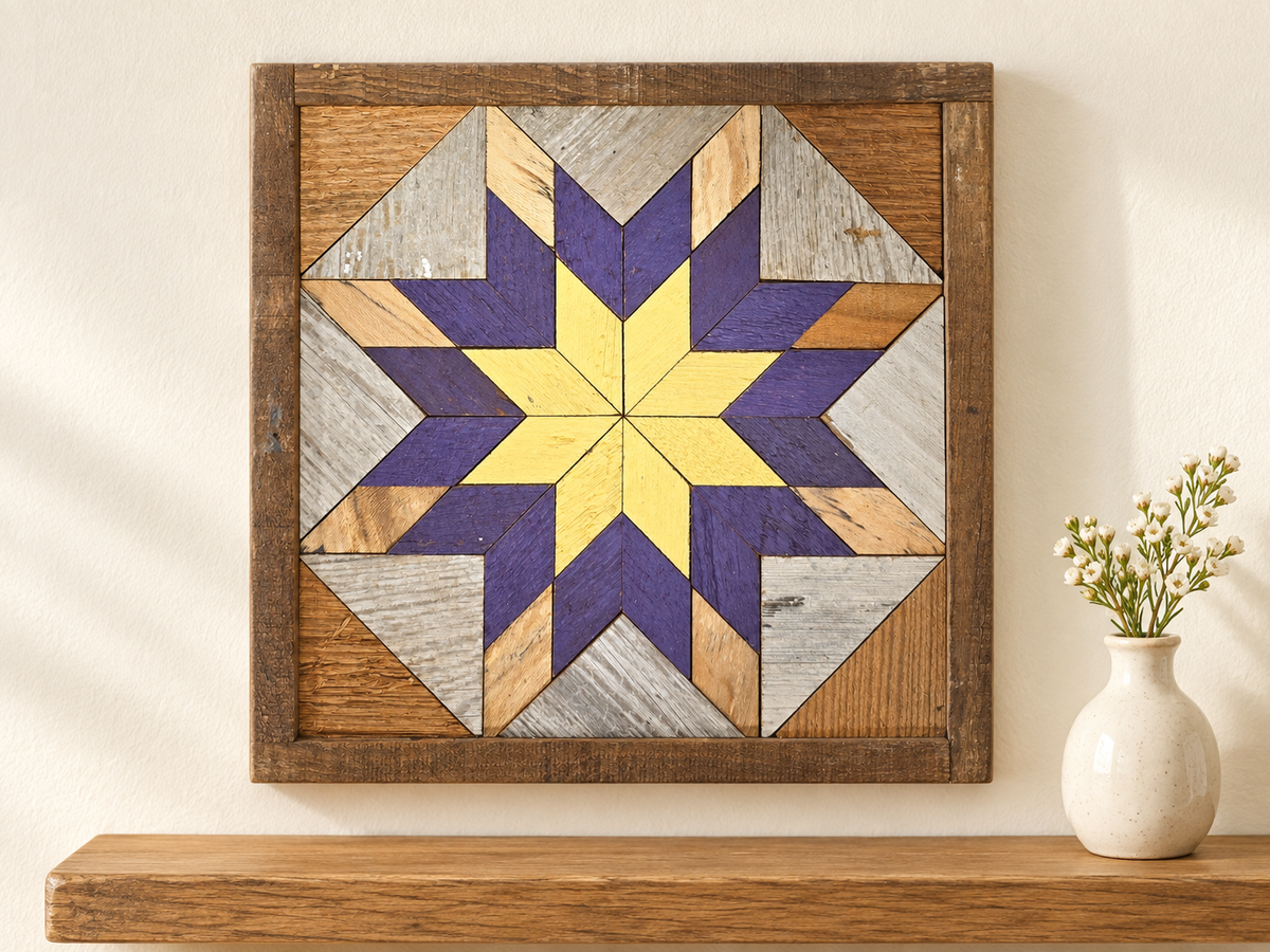 S780 — small wooden barn quilt wall art, yellow center star surrounded by purple and natural wood starburst, displayed on an indoor wall in a styled home