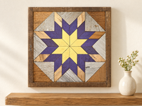 S780 — small wooden barn quilt wall art, yellow center star surrounded by purple and natural wood starburst, displayed on an indoor wall in a styled home
