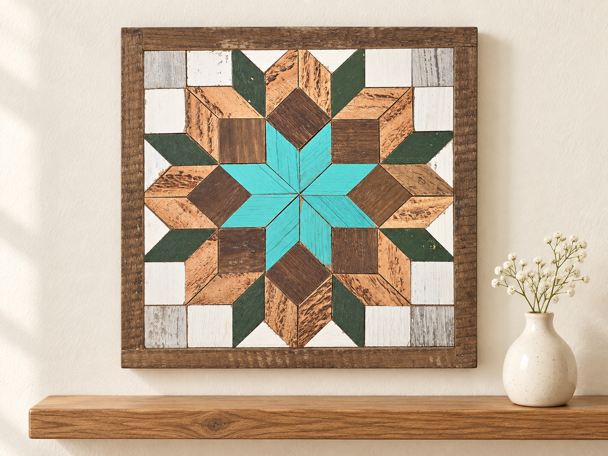 S781 — small wooden barn quilt wall art, turquoise center star, dark green, copper and brown geometric flower, displayed on an indoor wall in a styled home