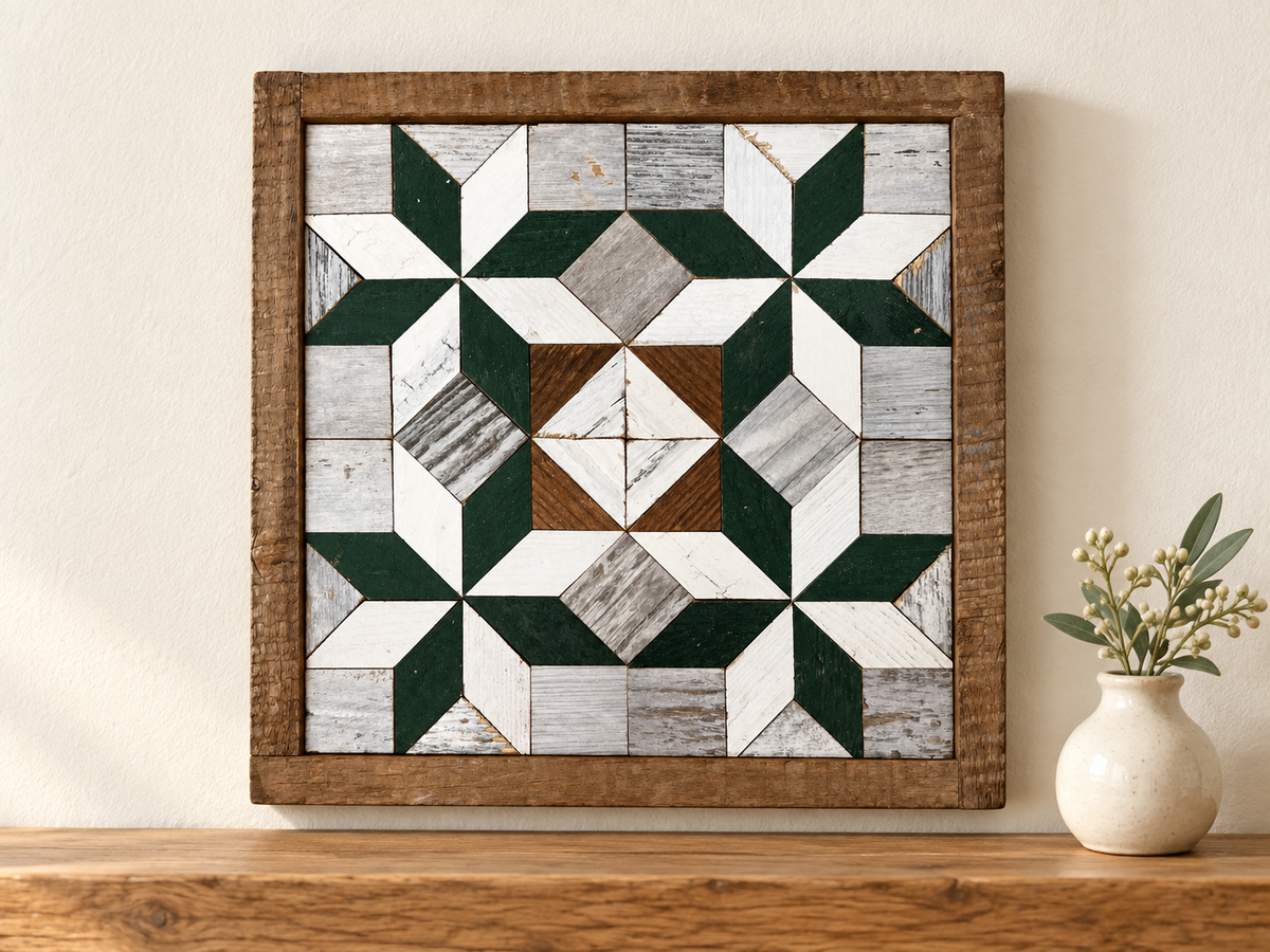 S810 — small wooden barn quilt wall art, green and white corner stars with white diamond center, displayed on an indoor wall in a styled home