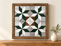 S810 — small wooden barn quilt wall art, green and white corner stars with white diamond center, displayed on an indoor wall in a styled home