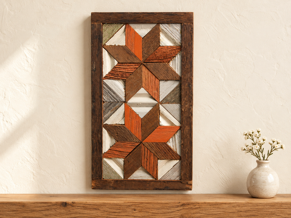 S1 — small horizontal two-star wooden barn quilt wall art, orange and brown stars on weathered white triangles, displayed on an indoor wall in a styled home