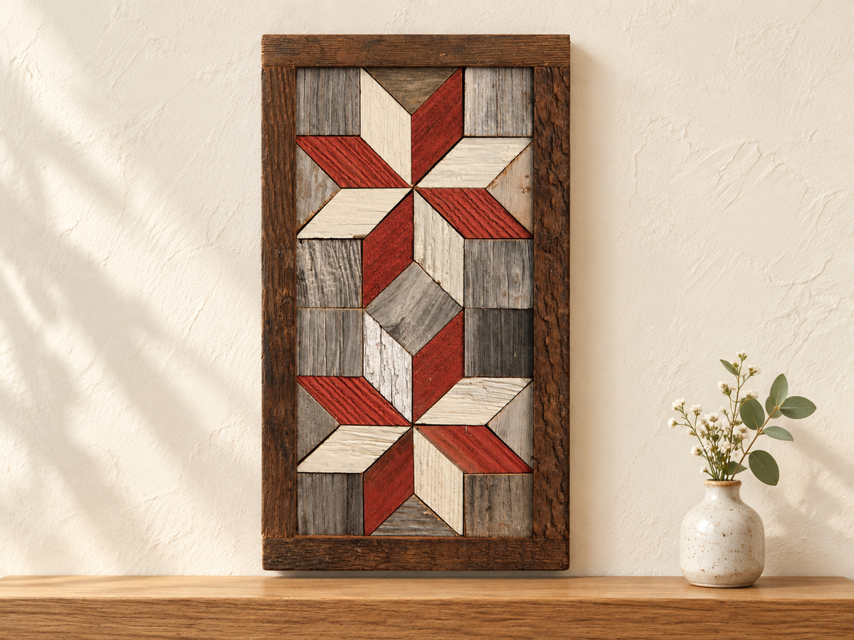 S2 — small horizontal two-star wooden barn quilt wall art, red and ivory stars on gray wood squares, displayed on an indoor wall in a styled home