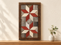 S2 — small horizontal two-star wooden barn quilt wall art, red and ivory stars on gray wood squares, displayed on an indoor wall in a styled home