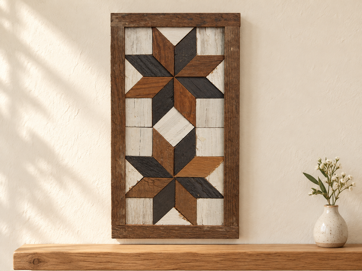 S3 — small horizontal two-star wooden barn quilt wall art, brown and charcoal stars on ivory wood squares, displayed on an indoor wall in a styled home