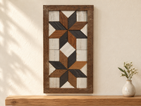 S3 — small horizontal two-star wooden barn quilt wall art, brown and charcoal stars on ivory wood squares, displayed on an indoor wall in a styled home