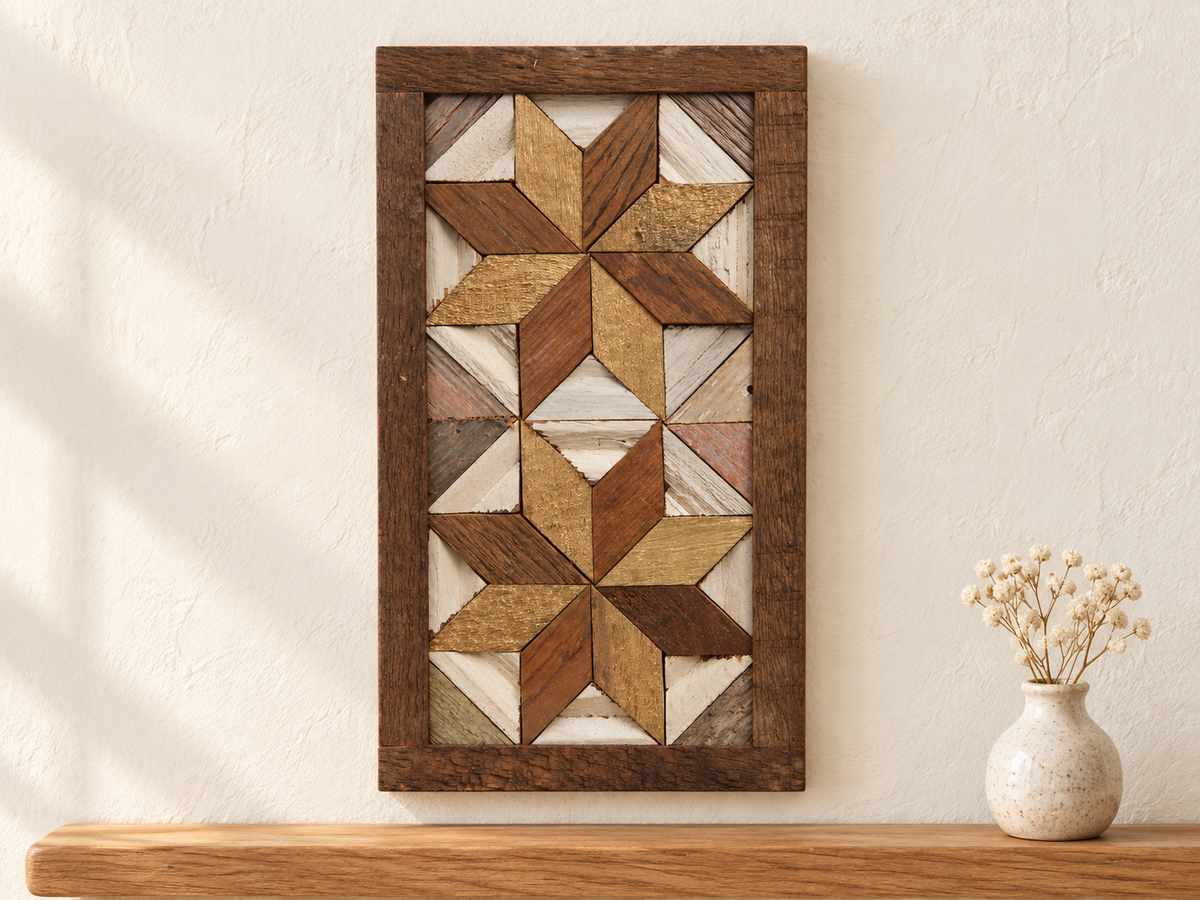 S4 — small horizontal two-star wooden barn quilt wall art, gold and brown stars on weathered white triangles, displayed on an indoor wall in a styled home