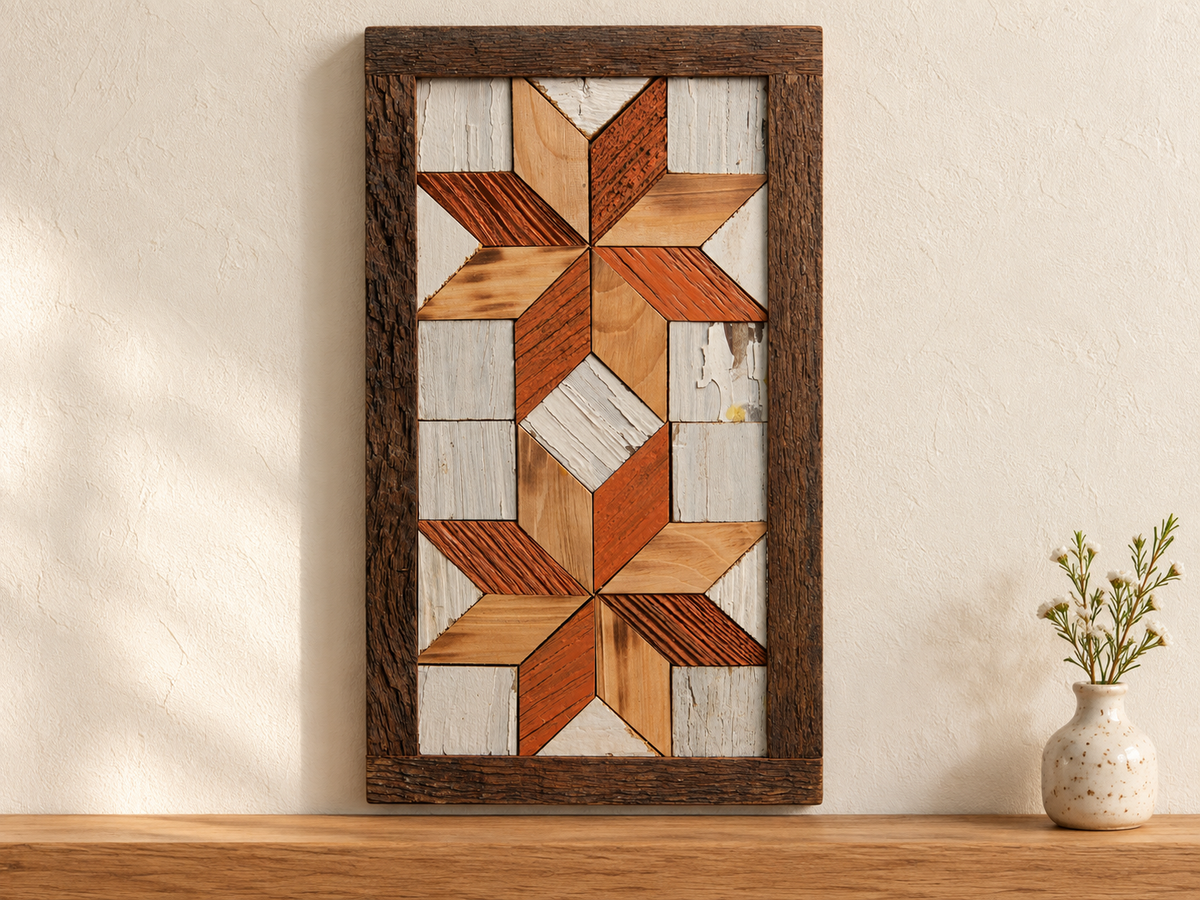 S5 — small horizontal two-star wooden barn quilt wall art, orange and natural wood stars on white squares, displayed on an indoor wall in a styled home