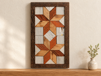 S5 — small horizontal two-star wooden barn quilt wall art, orange and natural wood stars on white squares, displayed on an indoor wall in a styled home