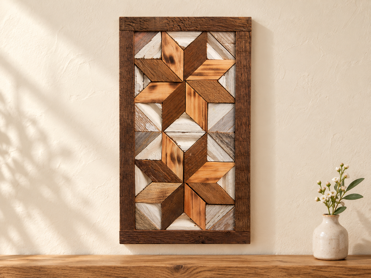 S6 — small horizontal two-star wooden barn quilt wall art, natural honey and dark brown stars on weathered white triangles, displayed on an indoor wall in a styled home